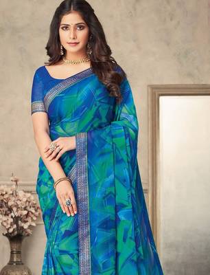 Blue green geomatric print soft chiffon saree with unstitch blouse 2