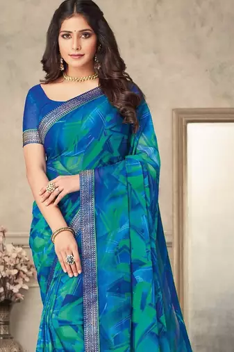 Blue green geomatric print soft chiffon saree with unstitch blouse