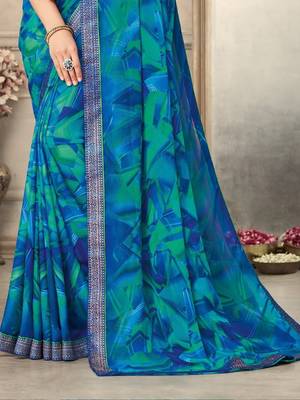 Blue green geomatric print soft chiffon saree with unstitch blouse 3