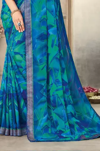 Blue green geomatric print soft chiffon saree with unstitch blouse