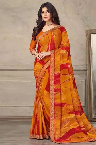Mustard geomatric print soft chiffon saree with unstitch blouse
