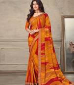Mustard geomatric print soft chiffon saree with unstitch blouse