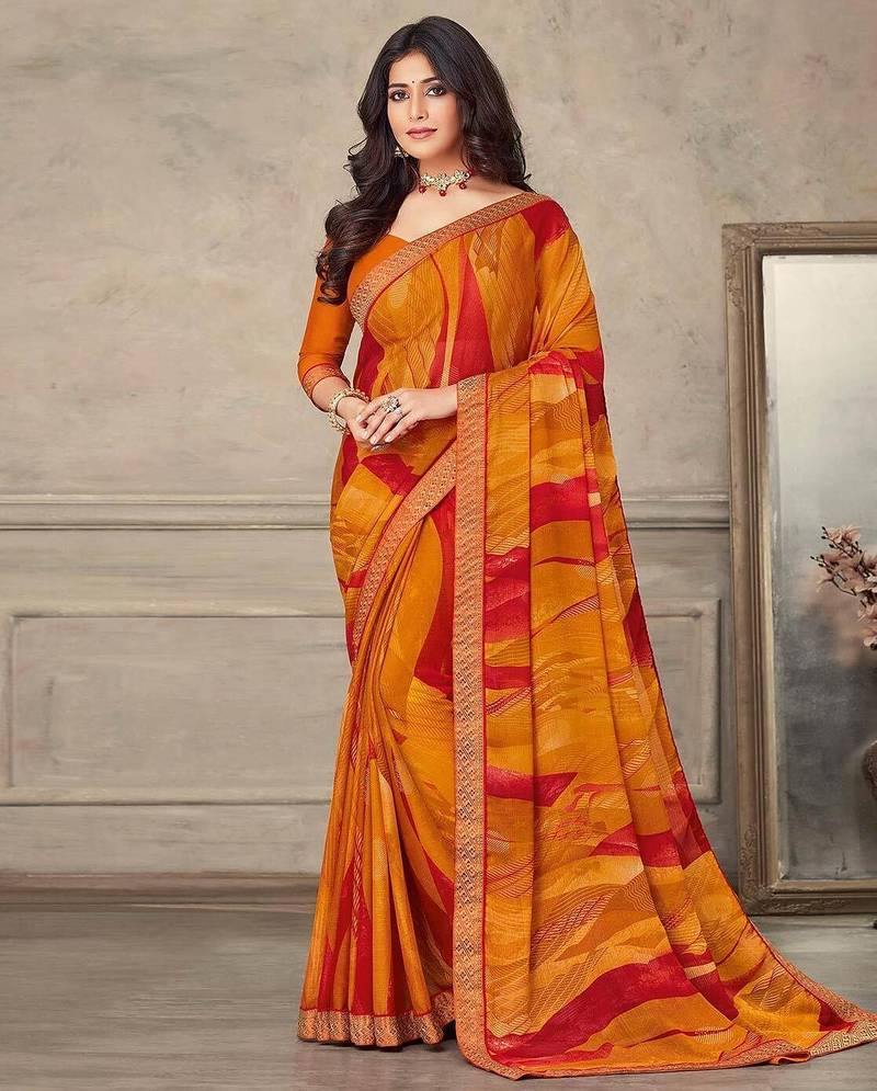 Mustard geomatric print soft chiffon saree with unstitch blouse