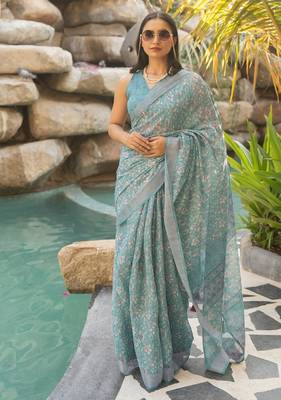 Women's turquoise floral print silver zari border cotton blend saree with unstiched blouse piece 2