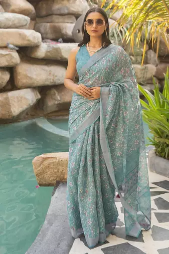 Women's turquoise floral print silver zari border cotton blend saree with unstiched blouse piece