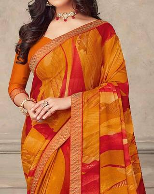 Mustard geomatric print soft chiffon saree with unstitch blouse 2
