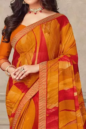 Mustard geomatric print soft chiffon saree with unstitch blouse