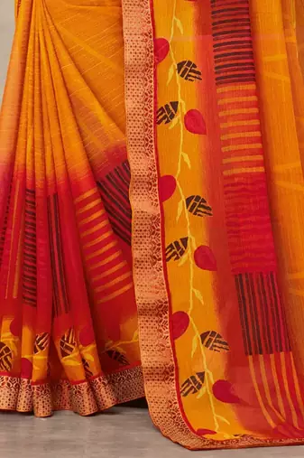 Mustard geomatric print soft chiffon saree with unstitch blouse