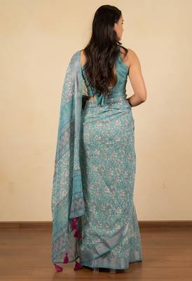 Women's turquoise floral print silver zari border cotton blend saree with unstiched blouse piece 4