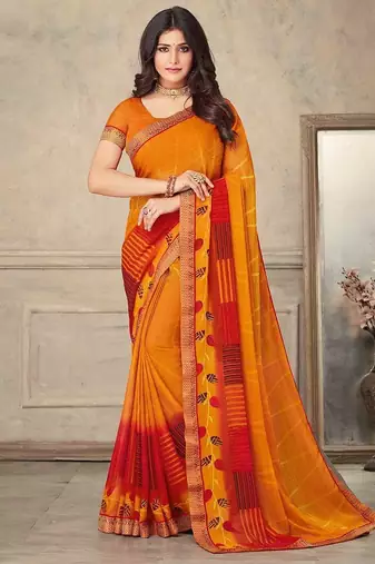 Mustard yellow geomatric print soft chiffon saree with unstitch blouse