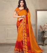 Mustard yellow geomatric print soft chiffon saree with unstitch blouse