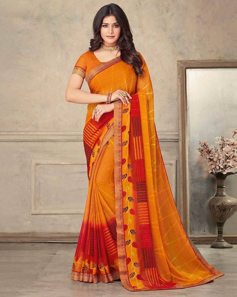 Mustard yellow geomatric print soft chiffon saree with unstitch blouse