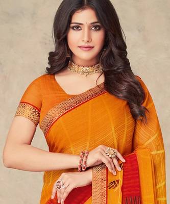 Mustard yellow geomatric print soft chiffon saree with unstitch blouse 2