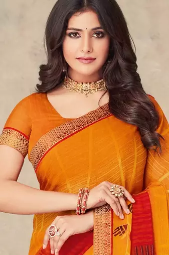 Mustard yellow geomatric print soft chiffon saree with unstitch blouse