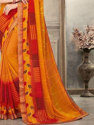 Mustard yellow geomatric print soft chiffon saree with unstitch blouse 3