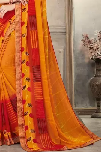 Mustard yellow geomatric print soft chiffon saree with unstitch blouse