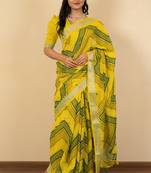 Women's yellow foil print silver zari border cotton blend saree with unstiched blouse piece