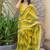 Women's yellow foil print silver zari border cotton blend saree with unstiched blouse piece