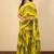 Women's yellow foil print silver zari border cotton blend saree with unstiched blouse piece