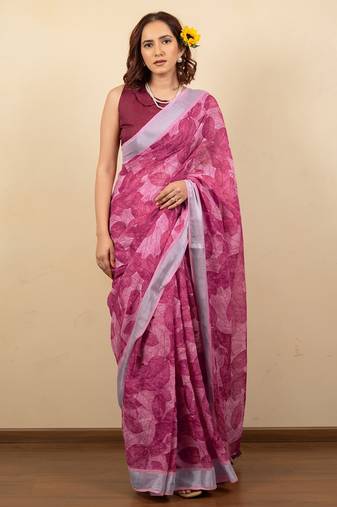 Women's pink floral print silver zari border cotton silk saree with unstiched blouse piece
