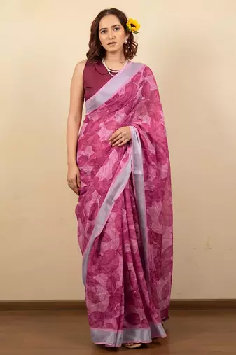 Women's pink floral print silver zari border cotton silk saree with unstiched blouse piece