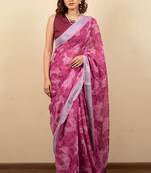Women's pink floral print silver zari border cotton silk saree with unstiched blouse piece