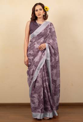 Women's mauve floral print silver zari border cotton silk saree with unstiched blouse piece 1