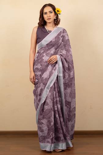 Women's mauve floral print silver zari border cotton silk saree with unstiched blouse piece