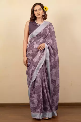 Women's mauve floral print silver zari border cotton silk saree with unstiched blouse piece