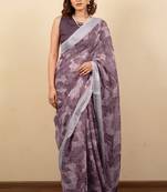 Women's mauve floral print silver zari border cotton silk saree with unstiched blouse piece