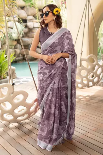 Women's mauve floral print silver zari border cotton silk saree with unstiched blouse piece