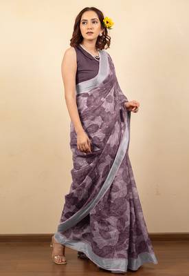 Women's mauve floral print silver zari border cotton silk saree with unstiched blouse piece 3