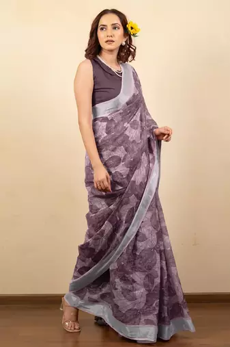 Women's mauve floral print silver zari border cotton silk saree with unstiched blouse piece