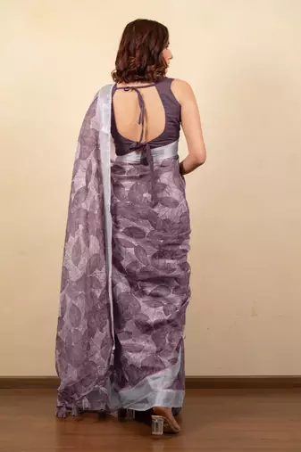 Women's mauve floral print silver zari border cotton silk saree with unstiched blouse piece