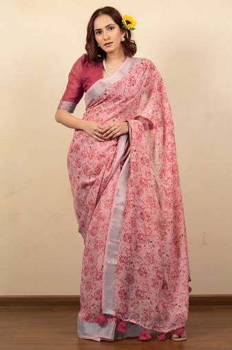 Women's coral pink floral print silver zari border cotton silk saree with unstiched blouse piece