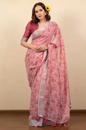 Women's coral pink floral print silver zari border cotton silk saree with unstiched blouse piece