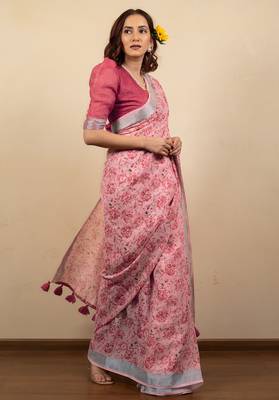 Women's coral pink floral print silver zari border cotton silk saree with unstiched blouse piece 3