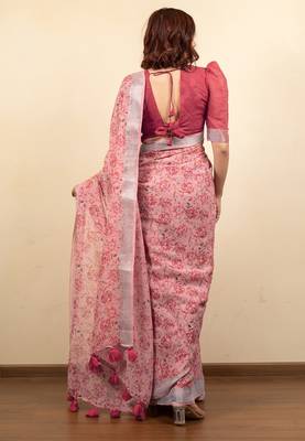 Women's coral pink floral print silver zari border cotton silk saree with unstiched blouse piece 4