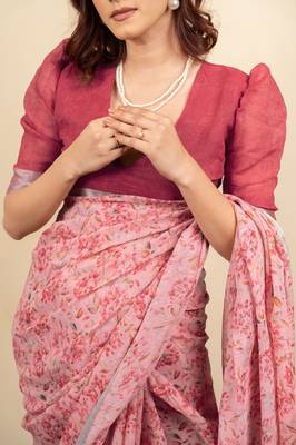 Women's coral pink floral print silver zari border cotton silk saree with unstiched blouse piece 5