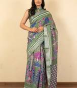Women's green ikkat print silver zari border cotton silk saree with unstiched blouse piece