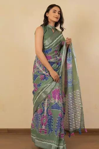 Women's green ikkat print silver zari border cotton silk saree with unstiched blouse piece