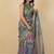 Women's green ikkat print silver zari border cotton silk saree with unstiched blouse piece