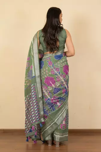 Women's green ikkat print silver zari border cotton silk saree with unstiched blouse piece