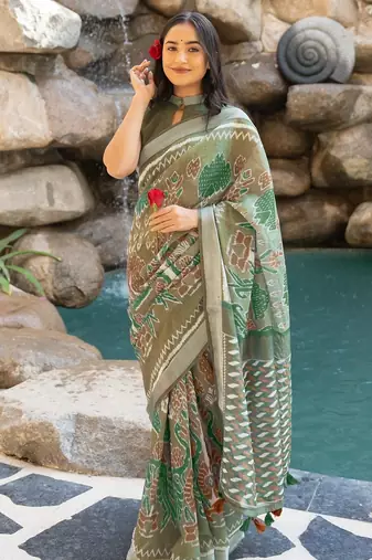 Women's olive green ikkat print silver zari border cotton silk saree with unstiched blouse piece