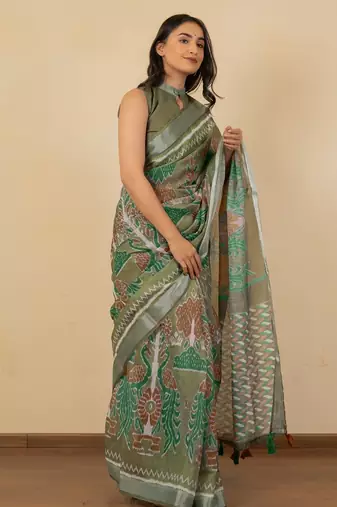 Women's olive green ikkat print silver zari border cotton silk saree with unstiched blouse piece
