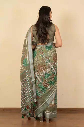 Women's olive green ikkat print silver zari border cotton silk saree with unstiched blouse piece