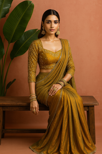 Gold real mirror lace fandy chiffon solid saree with embroidery stiched blouse