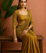 Gold real mirror lace fandy chiffon solid saree with embroidery stiched blouse
