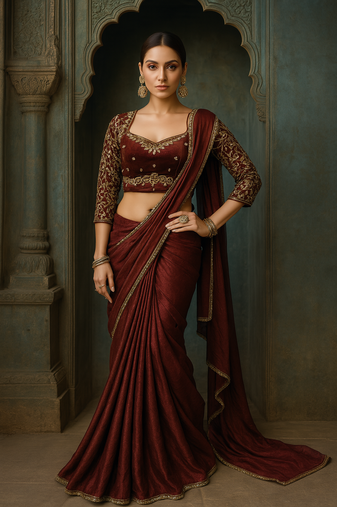 Maroon real mirror lace jimmy choo solid saree with embroidery stiched blouse
