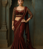 Maroon real mirror lace jimmy choo solid saree with embroidery stiched blouse